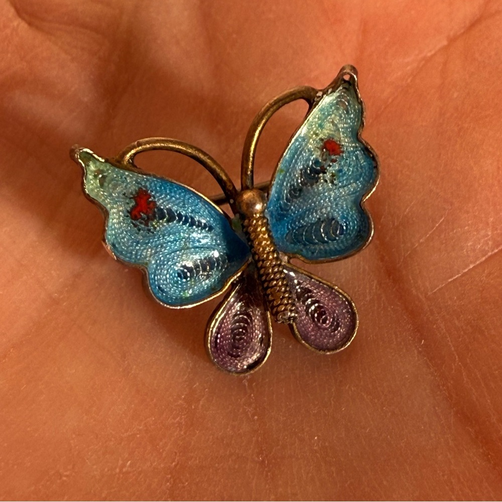 Antique 800 silver deco Filagree blue plique-a-jour Enamel tiny Butterfly brooch - Picture 14 of 17